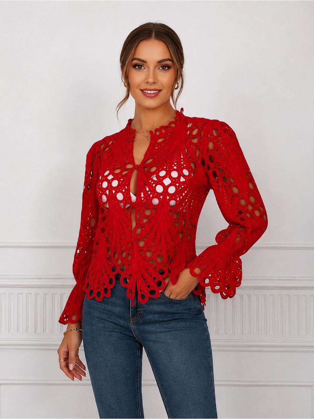 The Sang Red Guipure Lace Puff Sleeve Button Front Blouse Women Size S